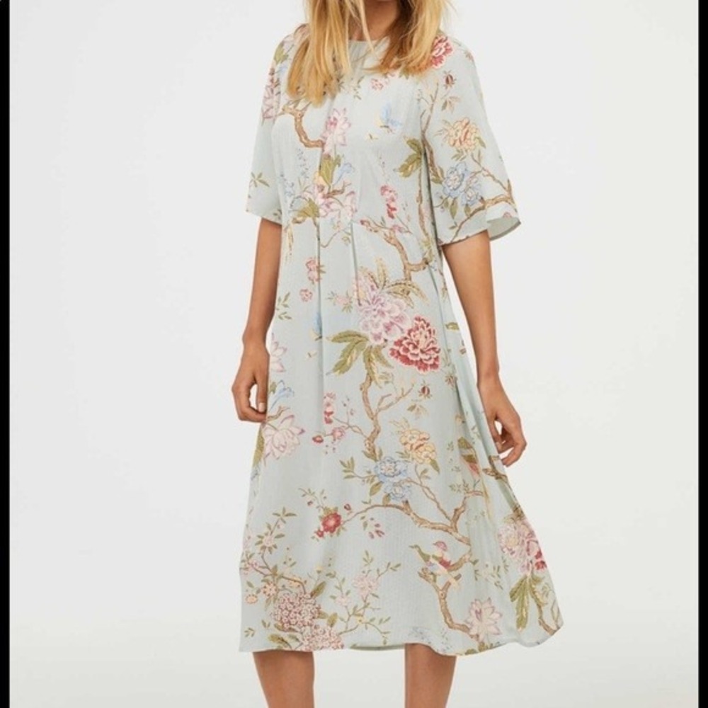 GP & J Baker X H&M Pastel Jade Floral Bird Tea Dress Size 10 Romantic Cottage